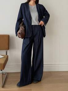 Women's V-Neck Denim Blazer Jacket And Loose Wide-Leg Pants 2 Pieces Casual Denim Suit Set - Medium Wash - View 5