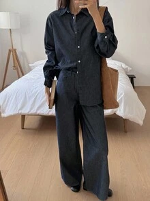 DAZY 女士立领牛仔衬衫宽松阔腿牛仔裤休闲牛仔套装 - 深色水洗藍 - 查看 1