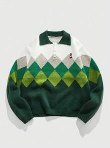 ROMWE MEN Prep 男士菱形图案翻领针织毛衣 - 彩色 - 查看 1