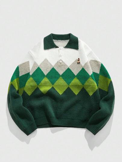 Street Life Suéter de punto con cuello vuelto y patrón de diamantes para hombre