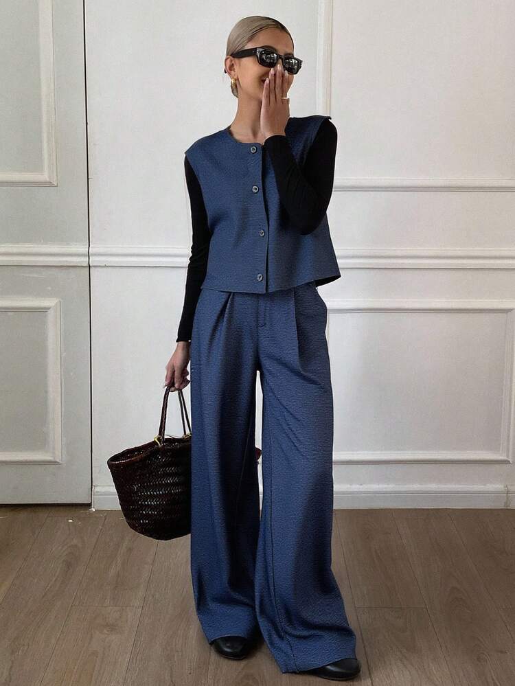 Women's Solid Color Front Button Sleeveless Top And Pants Casual 2 Pieces Set