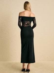 Poéselle Women's Elegant Contrast Lace Off Shoulder Fitted Long Dress,Elegant Dresses,Business Casual Woman,Office Outfits For Women,Old Money Style Women,Classy Outfits For Women, Fall Clothes For Women,Winter Clothes For Women - Black - View 6