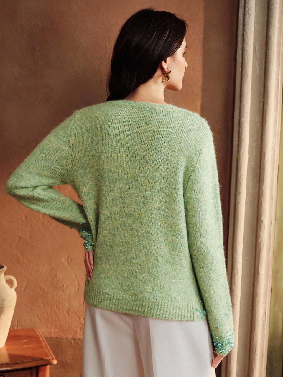 Women's Long Sleeve Round Neck Pearl Embroidered Beaded Knit Sweater