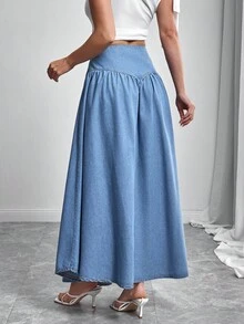 Elenzga 女式休闲高腰飘逸下摆加长牛仔裙 - 藍色 - 查看 2