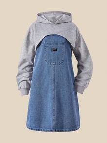 SHEIN Explorewe 1pc Girls' Fashionable 2 In 1 Hooded  Patchwork Long Sleeve Dress, Suitable For Spring/Autumn Commuting And Campus Wear - Multicolor - View 4