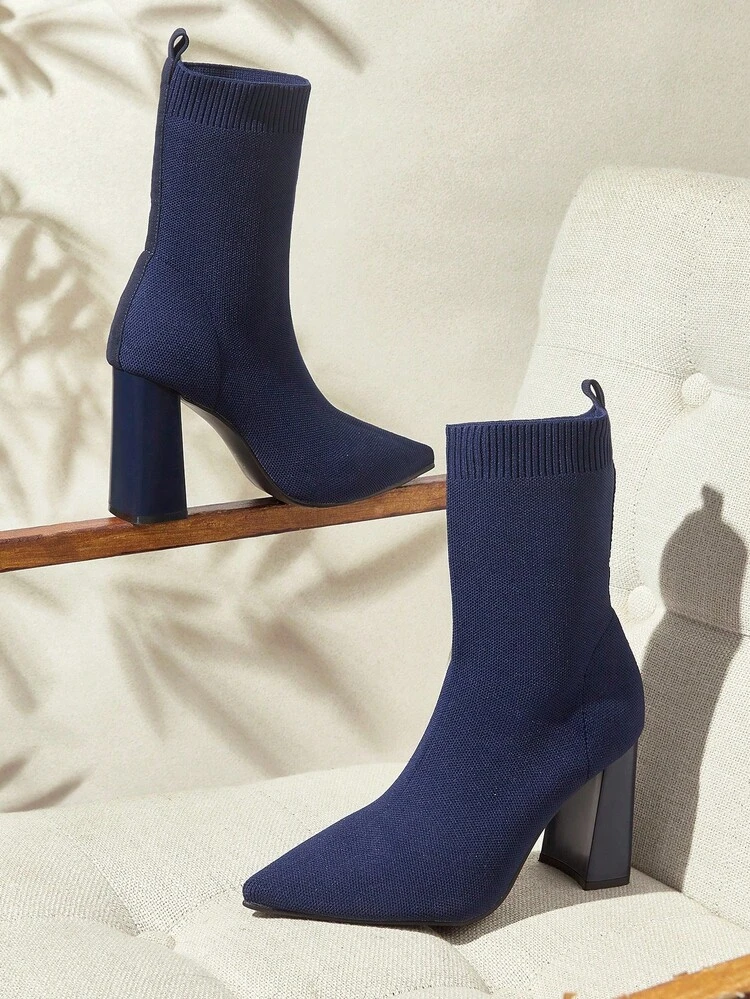 CUCCOO BASICS Women's High Heel Chunky Heel Pointed Toe Elastic Knit Mid-Calf Boots For Christmas Spring Shoes