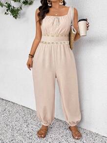 SHEIN Frenchy Plus Size Casual Vacation Sleeveless Jumpsuit With Cuffed Ankles - Apricot - View 1
