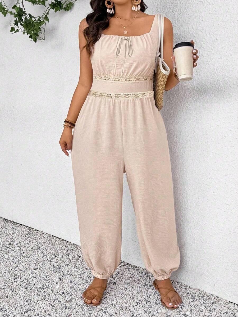 SHEIN Frenchy Plus Size Casual Vacation Sleeveless Jumpsuit With Cuffed Ankles - Apricot - View 1