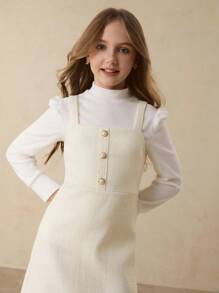 Tween Girl Elegant White Long Puff Sleeve Textured T-Shirt&Pearl Button Bodycon Dress Set,Back-To-School Autumn School Christmas Graduation Formal - Apricot - View 1