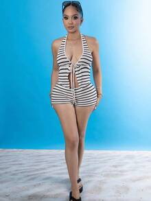 Melissa Matos 2件套低胸系带超低腰条纹迷你短裤 - 黑與白 - 查看 6