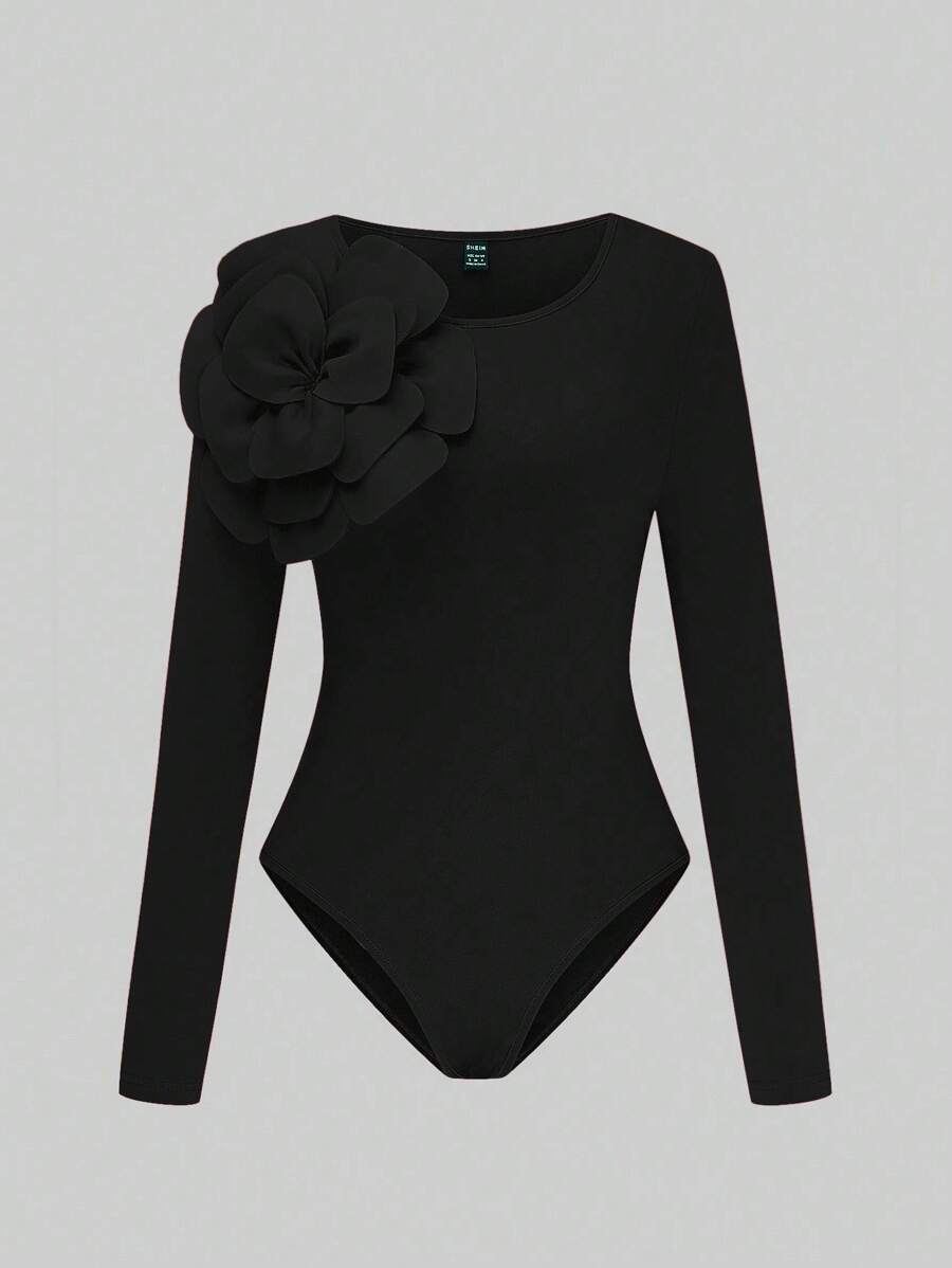 SHEIN Clasi 女士标准尺寸圆领束腰花卉装饰优雅修身紧身衣 - 黑色 - 查看 1