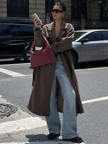 DAZY Women's Solid Color Drop Shoulder Long Sleeve Double-Breasted Casual Overcoat - Dark Grey - View 13