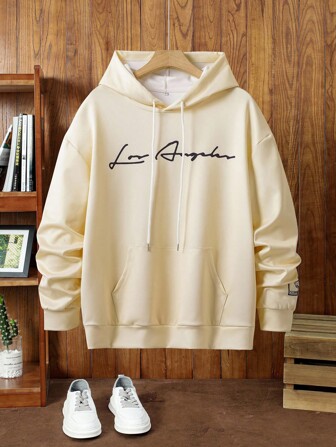 GENTILAND 街头摇滚时尚休闲男士杏色字母3D数字定位印花针织面料套头抽绳连帽衫，秋冬