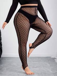 SHEIN CURVE+ Plus Size Black Thin Mesh See-Through Leggings, Fashion Leggings, Rave Festival, Casual Daily Wear, Holiday Party Wear, Winter Plus Size Fishnet Tights/Autumn /Winter - Black - View 7