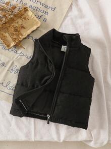 SHEIN Áo khoác vest không tay cổ đứng dày dễ thương đa năng cho bé từ 0-3 tuổi, màu đen, thường ngày, dễ thương, phù hợp cho cả bé trai và bé gái - màu đen - Xem 2