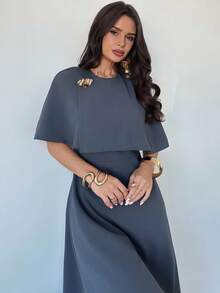 Firerie 女士优雅正式通勤连衣裙，高腰 A 字中长连衣裙，带金属装饰，适合教师和日常穿着，灰色 - 灰色 - 查看 3