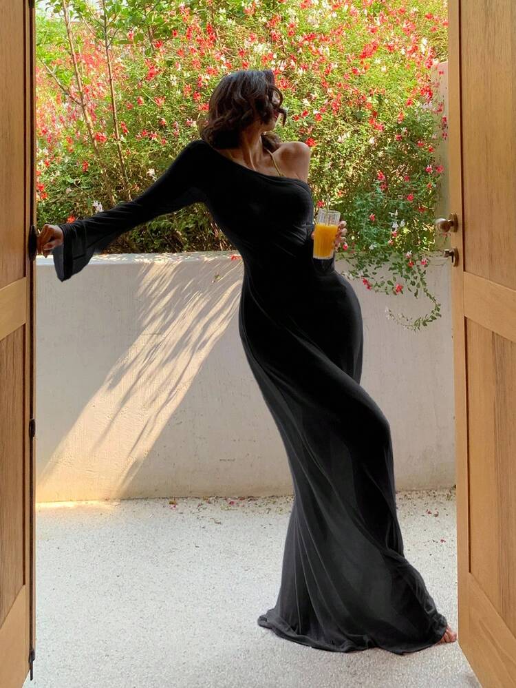 Vacation Style Bikini Set With Long Sleeve Backless Sheer Coverup Dress