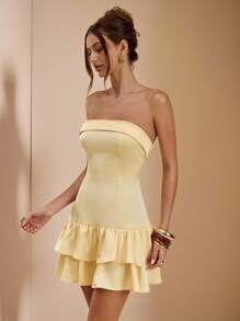 SHEIN BAE Pale Yellow Satin Strapless Backless Ruffle Hem Mini Dress,Summer Elegant Birthday Party Cocktail Formal Event Bridesmaid Dress For Women - Light Yellow - View 5