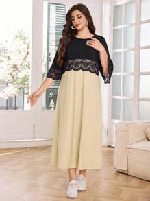 Lacomfia Große Größen Sommer Elegantes Farbblock Patchwork Kleid - Verschiedenfarbig - Übersicht 5