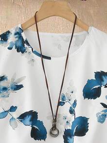 EMERY ROSE Women Floral Print Loose Fit Round Neck Top And Jogger Pants Loose Fit Two-Piece Set For Summer - Blue and White - View 5