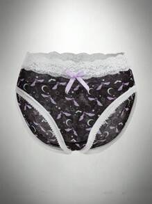 SHEIN 1 件女士紫色夜月蝙蝠蕾丝内裤，万圣节主题 - 黑色 - 查看 6