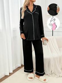 SHEIN 2件孕妇撞色长袖上衣和裤子套装 - 黑色 - 查看 1