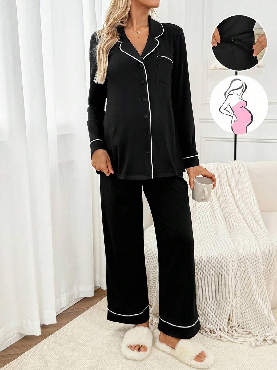 SHEIN 2件孕妇撞色长袖上衣和裤子套装 - 黑色 - 查看 1