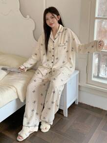 Dazy Plus 2pcs Floral Bow Print Loose Fit Pajama Set, Plus Size Women Autumn Sleepwear, Fall Winter Clothes, Cozy Outfits