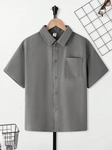 SHEIN 青少年男孩休闲短袖字母图案 T 恤，情人节儿童服装 - 灰色 - 查看 2