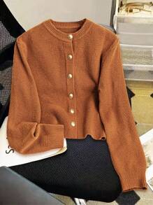 Franclia 女士休闲百搭纽扣针织开衫 - 鏽棕色 - 查看 5