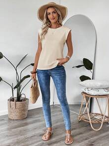 Easowa Áo thun trơn màu trơn dáng rộng cho nữ, mùa hè - Màu Khaki - Xem 3