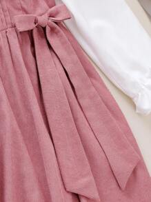 Vestido de niña preadolescente con cuello Peter Pan y decoración de lazo plisado 2 en 1 - Rosa - Ver 6