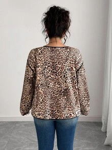 Elenzga Plus Size Women's Leopard Print Contrast Piping Tie Front Loose Jacket, Casual Style For Spring & Autumn Winter Autumn Fall - Multicolor - View 2