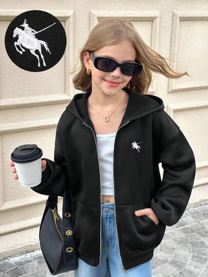 SHEIN 少女休闲针织卫衣外套，带刺绣、拉链和口袋，适合周末、休闲外出、返校、秋冬季穿着。少女拉链卫衣，带帽黑色外套，短款外套，黑色卫衣，秋季黑色拉链卫衣。