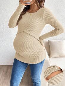 SHEIN 纯色简约哺乳上衣，圆领，长袖，孕妇装，米色孕妇上衣 - 杏色 - 查看 1