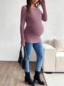 SHEIN 纯色简约哺乳上衣，圆领，长袖 - 粉色 - 查看 3