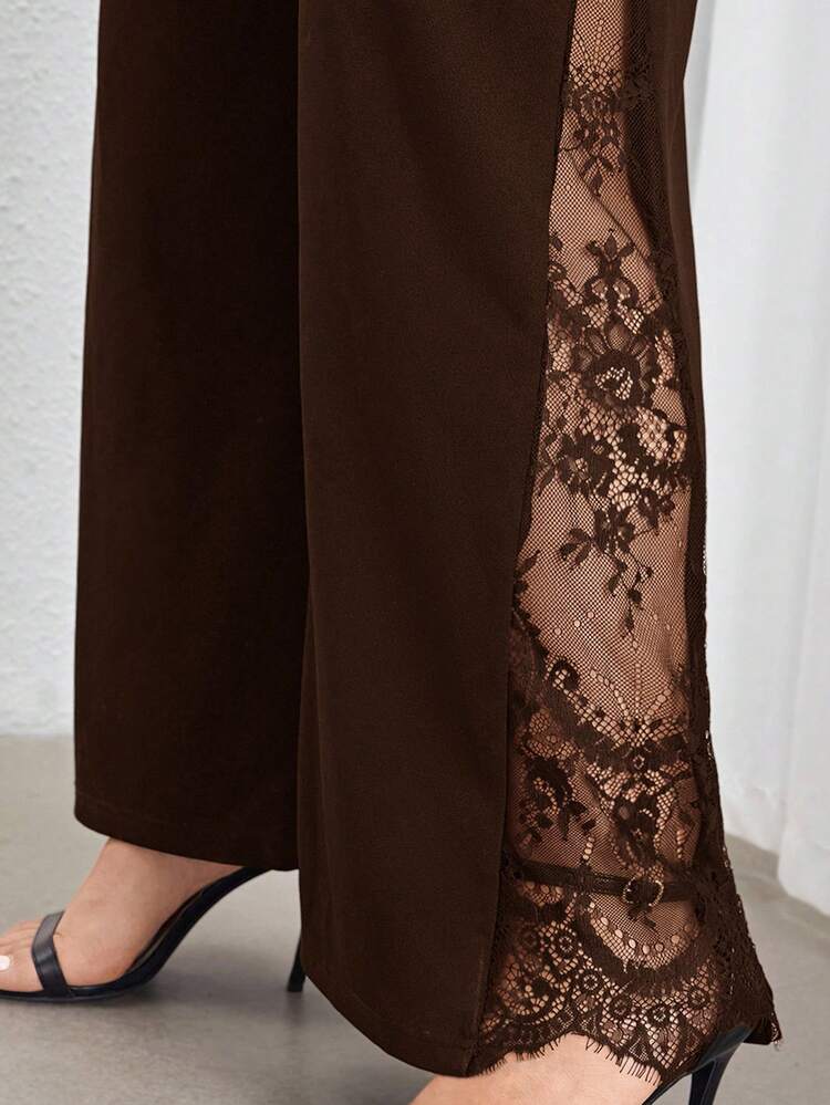 Firerie Black Elegant Commuter & Casual High Waist Wide Leg Pants With Side Slit & Sheer Lace Panels, Suitable For Daily Wear & Commute, Spring/Summer - Brown - View 6