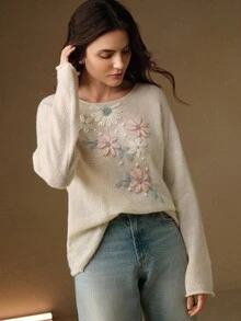 Anewsta 女士刺绣优雅套头衫 - 杏色 - 查看 6