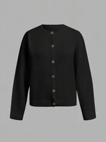 SHEIN BASICS Cárdigan de punto minimalista casual, adecuado para salidas de otoño/invierno - Negro - Ver 2