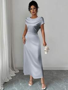 Rafferiza 女士优雅约会/通勤高领系带缎面短袖连衣裙 - 灰色 - 查看 5