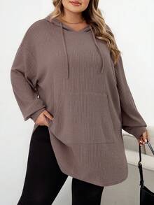 SHEIN CURVE+ Plus Size Solid Color Hooded Drawstring Asymmetrical Hem Sweatshirt Winter Fall Autumn/Autumn /Winter - Dusty Pink - View 8