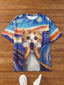 Manfinity VCAY 男士休闲针织星空猫咪印花宽松落肩圆领短袖T恤猫咪T恤男士3D印花猫咪T恤男士图案T恤猫咪艺术T恤搞笑猫咪T恤男士 - 彩色 - 查看 1