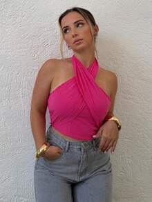 Jeta Ari Women's Summer Casual Solid Color Backless Cross Halter Neck Camisole - Hot Pink - View 4