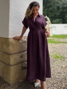 Jeta Ari Chic V-Neck Single-Breasted Twist Waist Long Dress, Women's Vacation/Festival/Going-Out Outfits, Spring/Summer Casual Dresses For Women - Purple - View 6