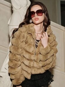 Anewsta Savoree 女士时尚连帽仿皮草夹克，秋冬 - 卡其色 - 查看 5