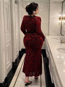 Flirla Elegant Floral Lace V-Neck Plus Size Bodycon Dress Fall Cloth For Women - Multicolor - View 4