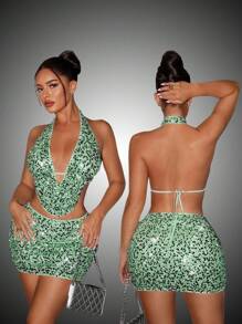 SHEIN SXY Bộ 2 món sequin xanh lá cây thanh lịch quyến rũ dành cho nữ: Áo hở lưng hai dây + Chân váy ngắn ôm sát, thích hợp mặc dự tiệc, tụ tập, sinh nhật, nghỉ dưỡng ở bãi biển, mặc đi hộp đêm - màu xanh lá - Xem 9