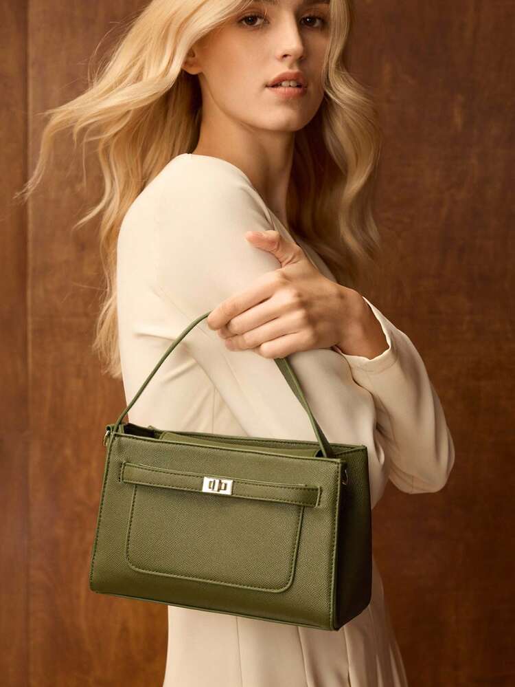 TURN-LOCK PU LEATHER TOP HANDLE BAG