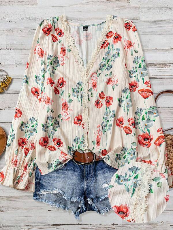 Linhara Plus Size Women's Textured Floral Print Lace Patchwork Long Sleeve Ruffle V-Neck Casual Regular Blouse Fall Cloth For Women
