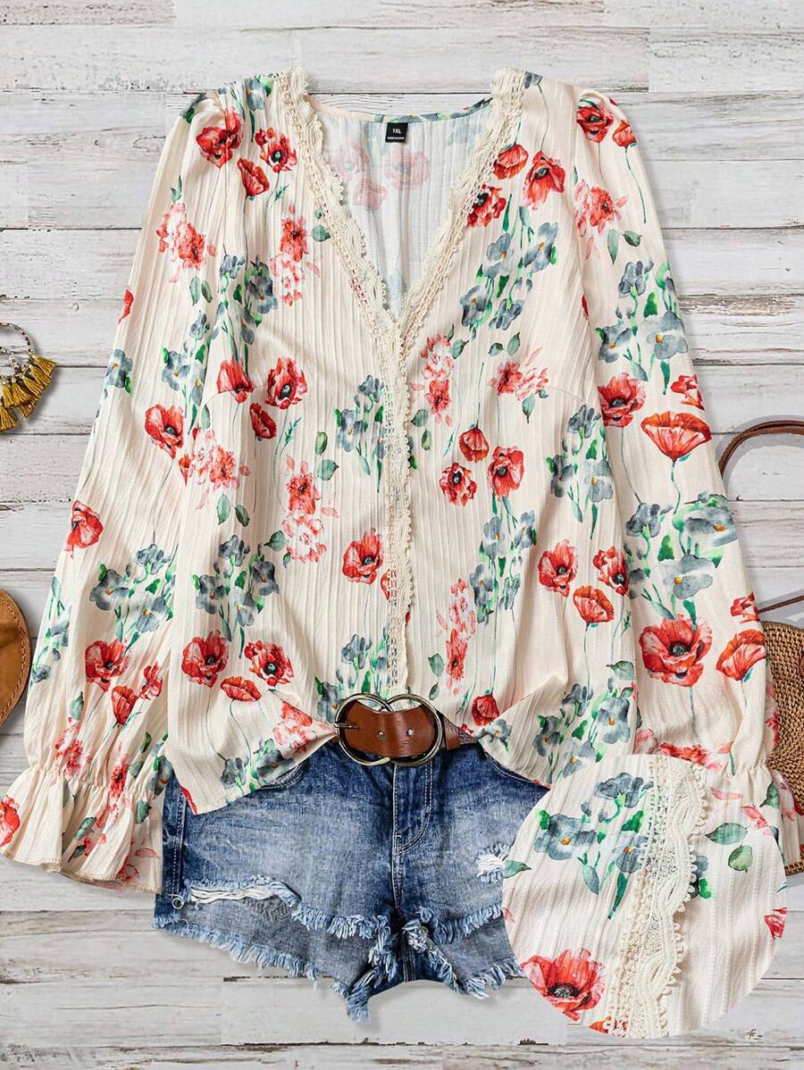 Linhara 大码女式纹理花卉印花蕾丝拼布长袖荷叶边V领休闲常规衬衫 - 杏色 - 查看 1